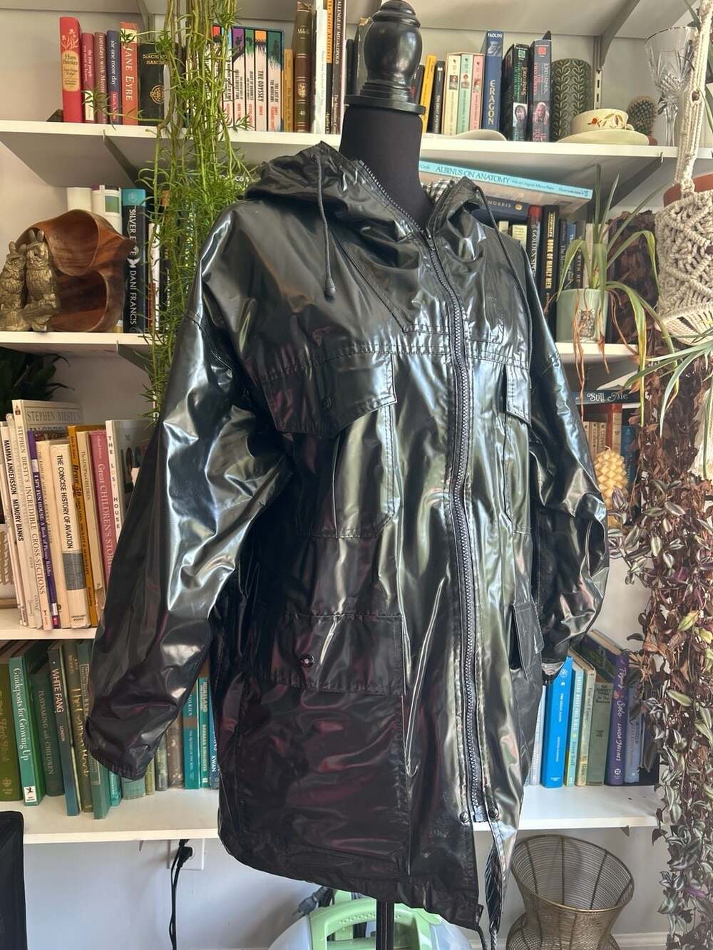 J.G. Hook Vintage Black Glossy Vinyl Raincoat b/w gingham Lining Size M
